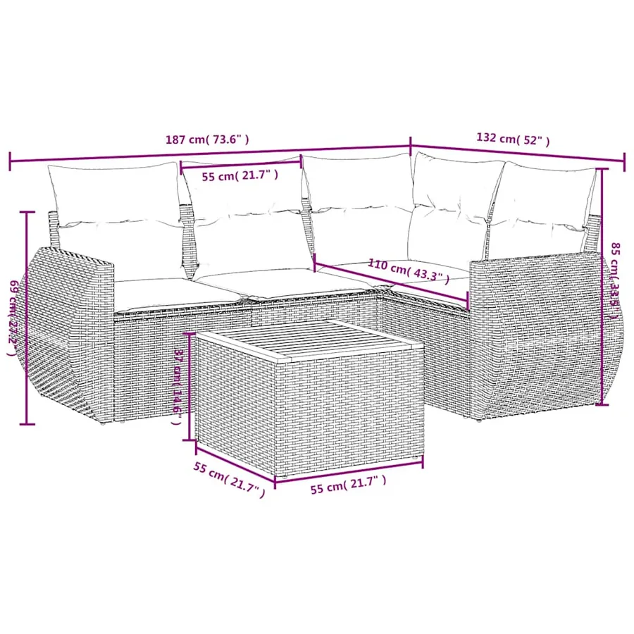 Salon de jardin 5 pcs avec coussins noir résine tressée - 3