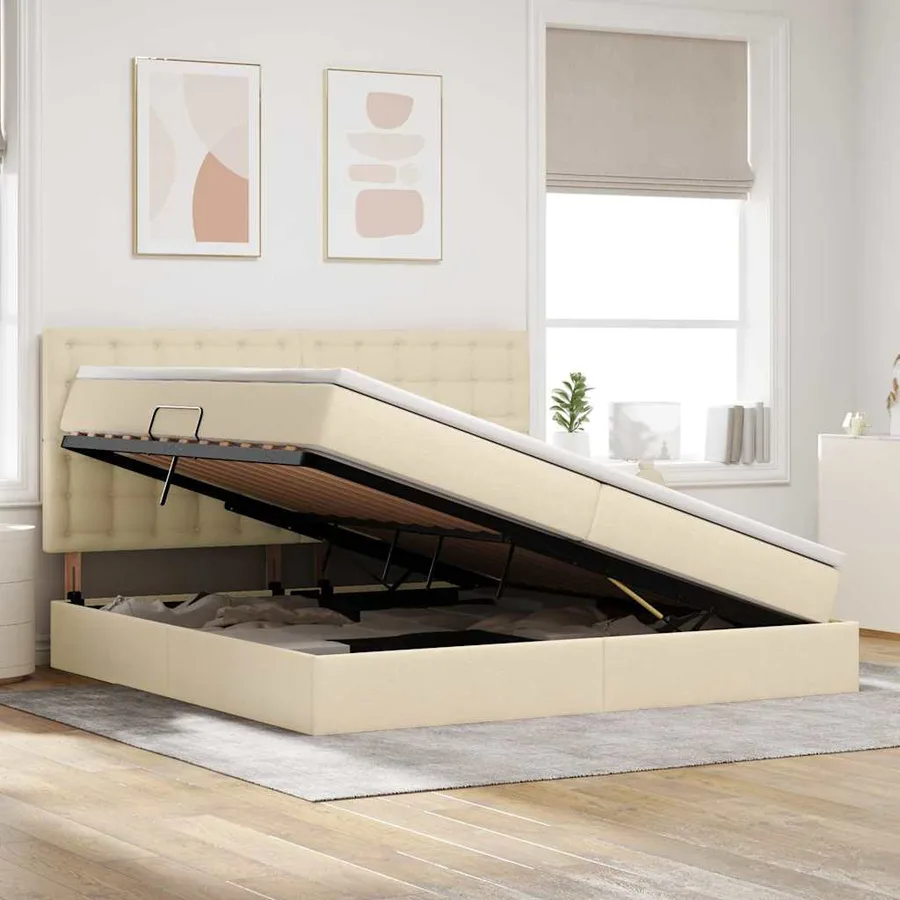 Lit avec rangement et matelas Crème 200 x 200 cm tissu - 4