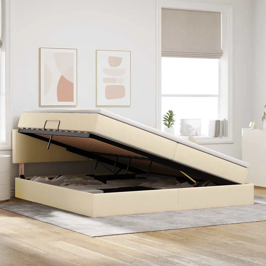 Lit de rangement LED avec matelas Crème 200 x 200 cm Tissu - 4