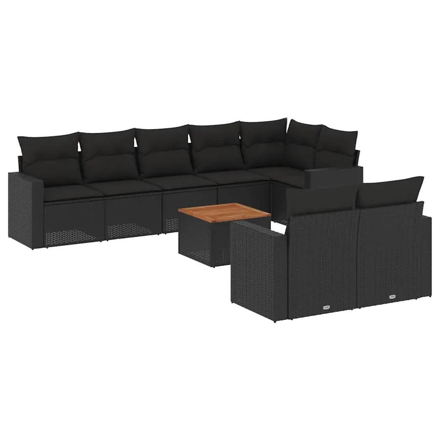 Salon de jardin 9 pcs avec coussins noir résine tressée - 2