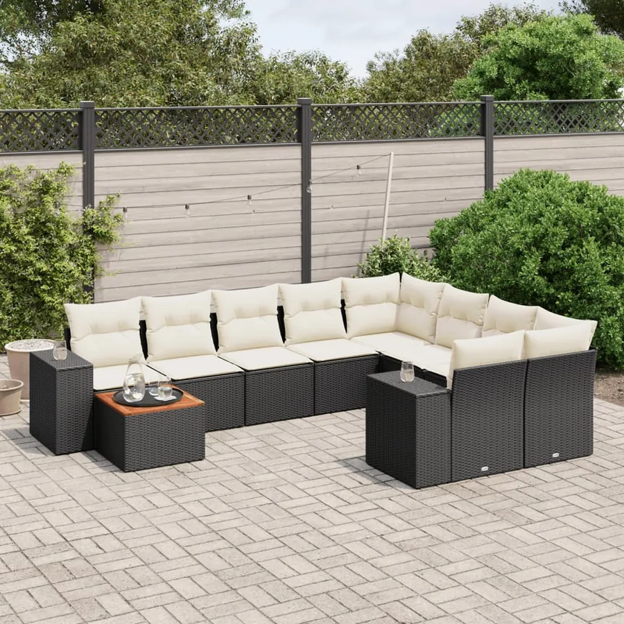 Salon de jardin 10 pcs avec coussins noir résine tressée