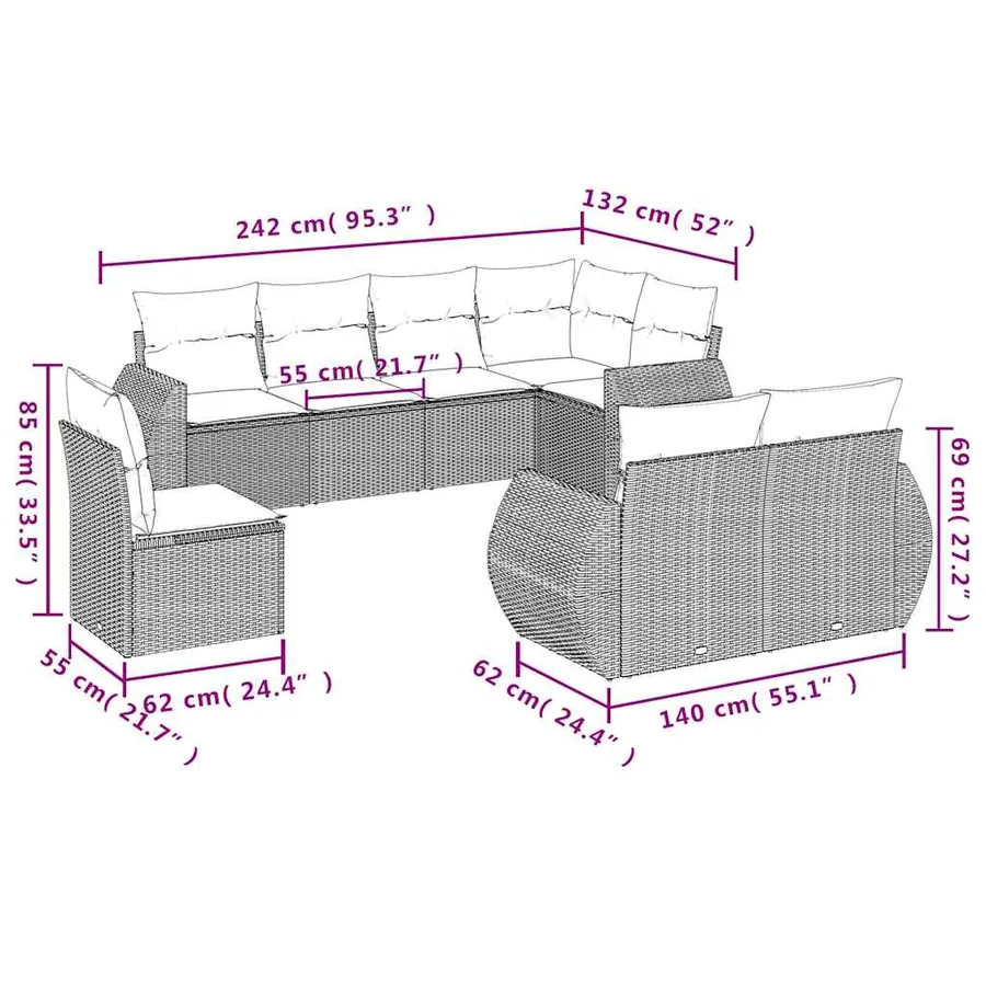 Salon de jardin 8 pcs avec coussins noir résine tressée - 3