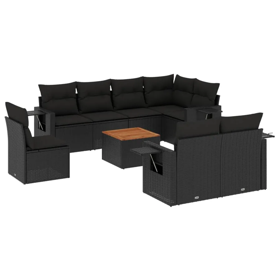 Salon de jardin 9 pcs avec coussins noir résine tressée - 2