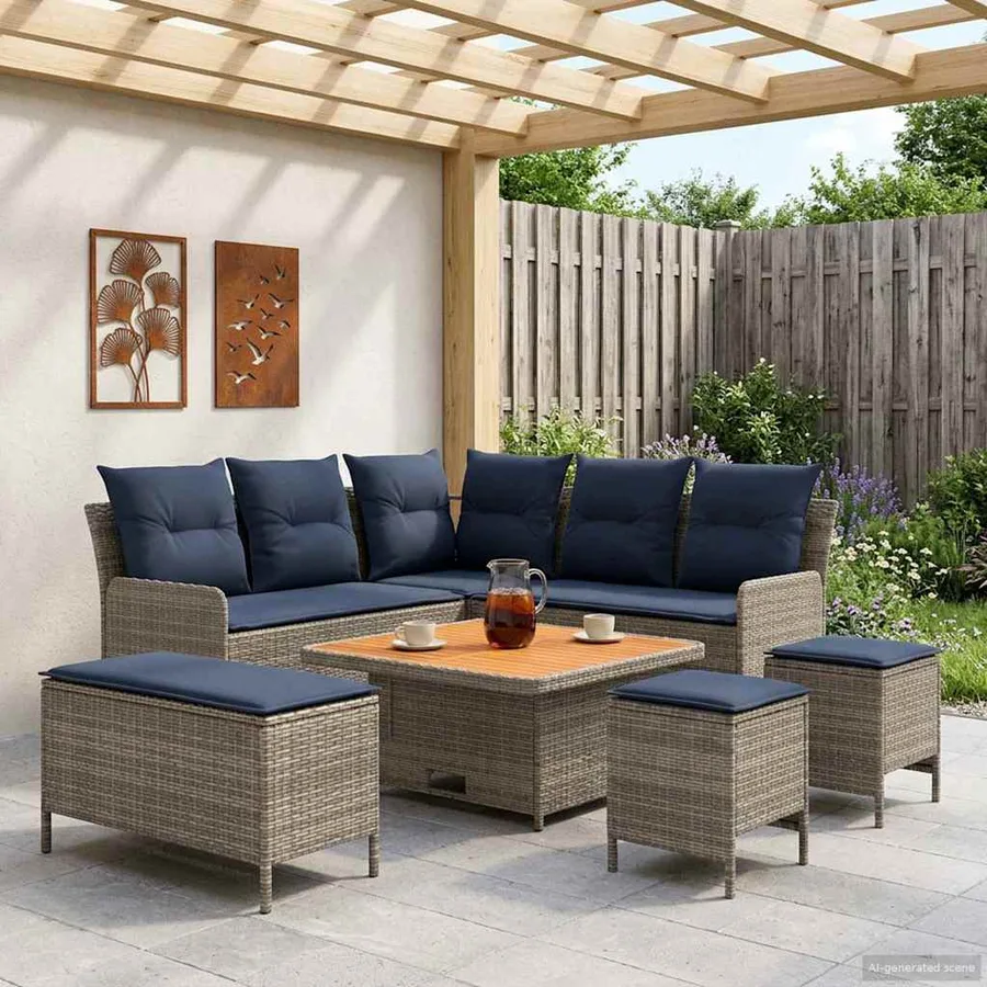 Ensembles de meubles 7 pcs Gris et bleu marine Rotin PE - 3