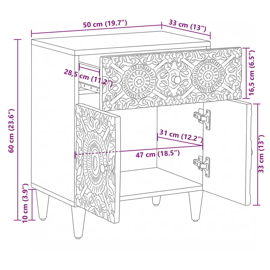 Armoire de lit Blanc 50 x 33 x 60 cm Bois de mangue massif - 11