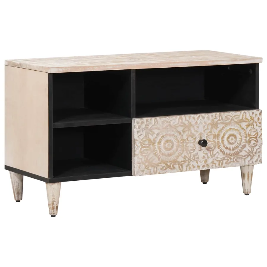 Meuble TV Blanc 80 x 33,5 x 46 cm Bois de mangue massif
