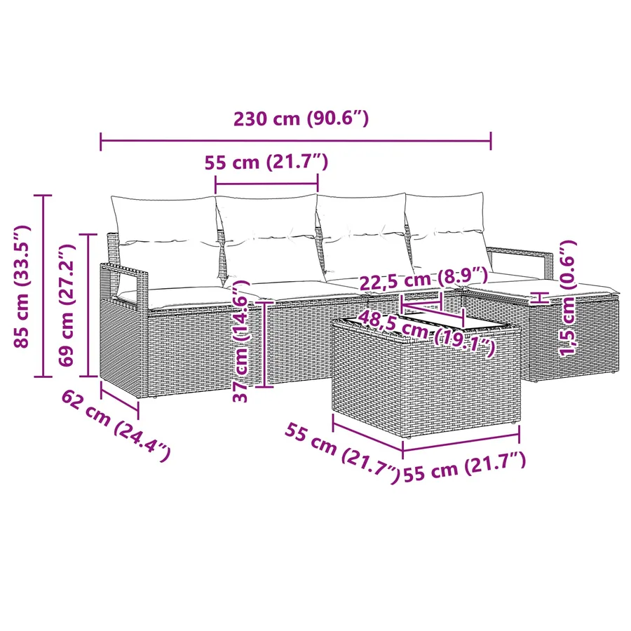 Ensemble de Canapés avec coussin 6 pcs Marron polyrotin - 9
