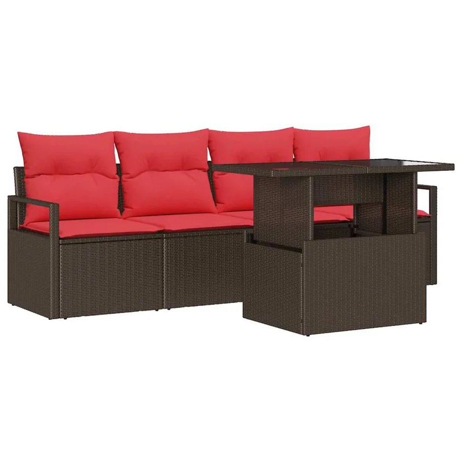 Ensemble de canapé de jardin 5 pcs Marron et rouge polyrotin - 2