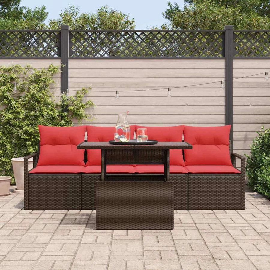Ensemble de canapé de jardin 5 pcs Marron et rouge polyrotin - 3