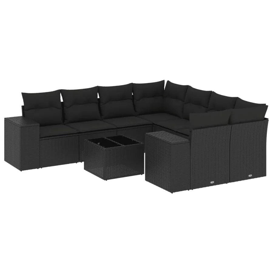 Salon de jardin 9 pcs avec coussins noir résine tressée - 2