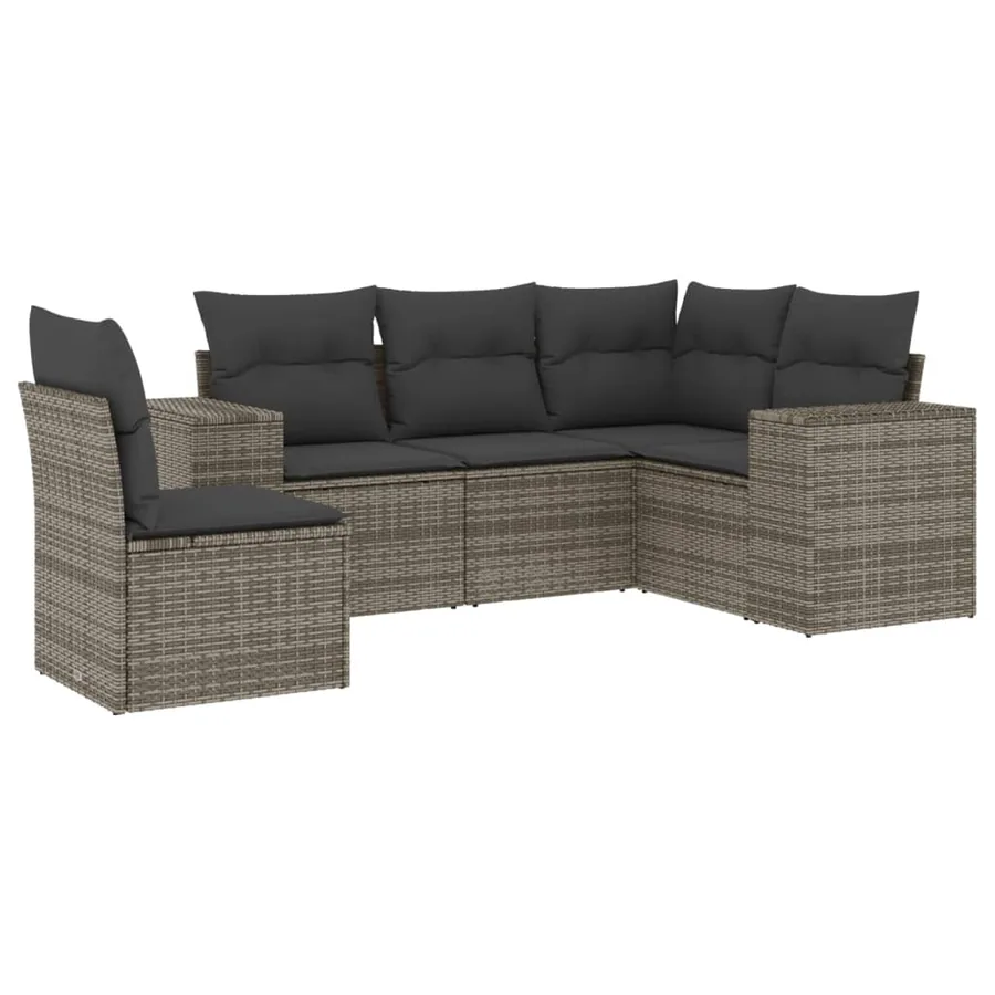 Salon de jardin 5 pcs avec coussins gris résine tressée - 2