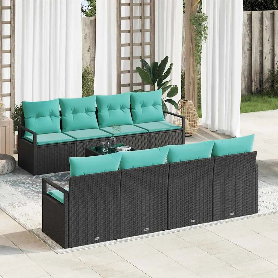 Ensemble de Canapés 7 pcs Noir et bleu clair polyrotin