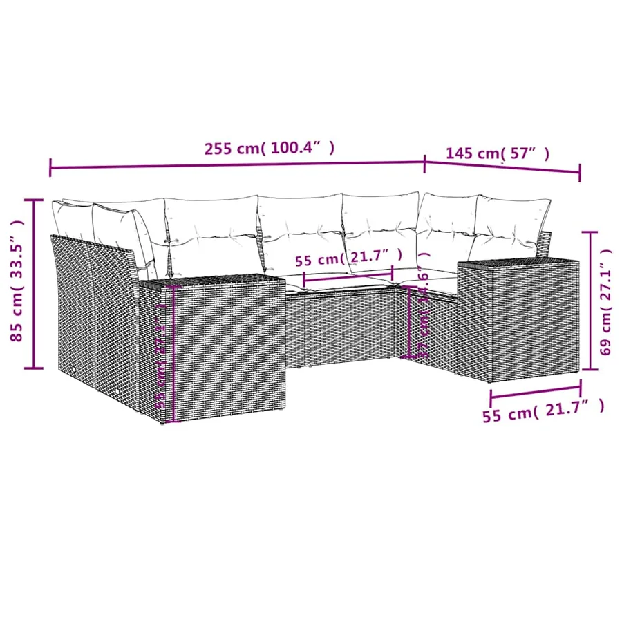 Salon de jardin 6 pcs avec coussins noir résine tressée - 7