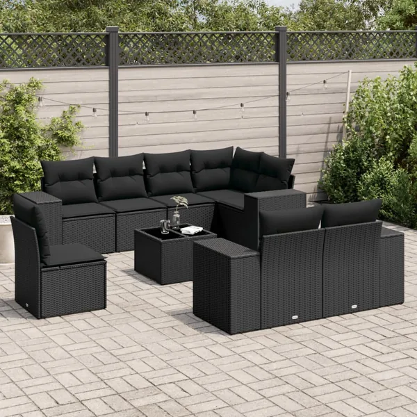 Salon de jardin 9 pcs avec coussins noir résine tressée