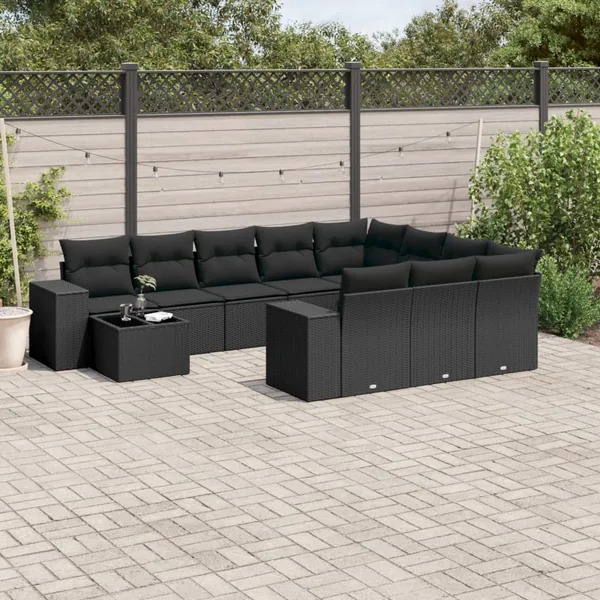 Salon de jardin 11 pcs avec coussins noir résine tressée