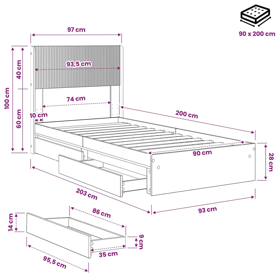 Cadre de lit avec rangement et tête de lit 2 pc - 11