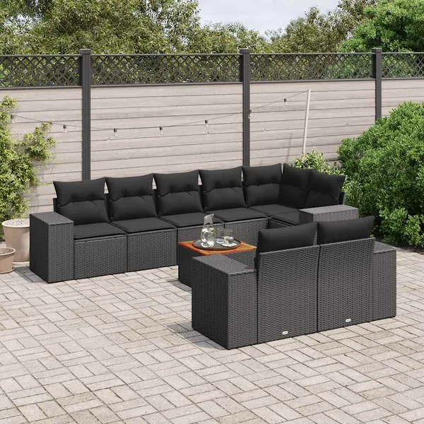 Salon de jardin 9 pcs avec coussins noir résine tressée
