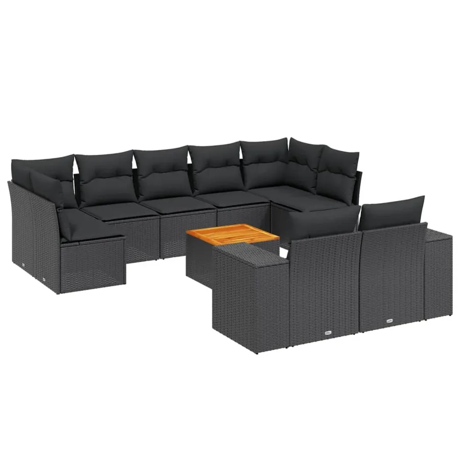 Salon de jardin 10 pcs avec coussins noir résine tressée - 2