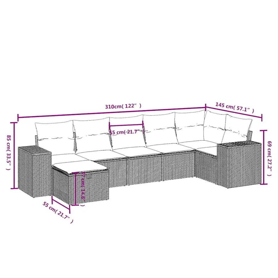 Salon de jardin 7 pcs avec coussins noir résine tressée 62 x 62 x 69 cm - 57,5 kg - 4