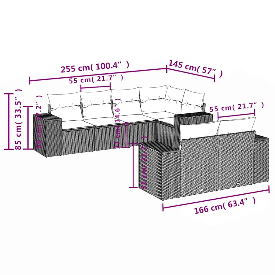 Salon de jardin 7 pcs avec coussins noir résine tressée 62 x 62 x 69 cm - 67,0 kg - 7