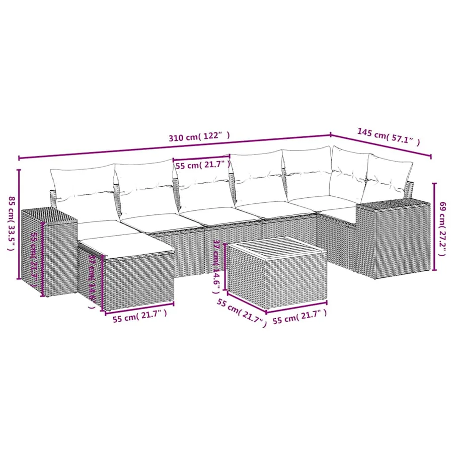 Salon de jardin 8 pcs avec coussins noir résine tressée - 9