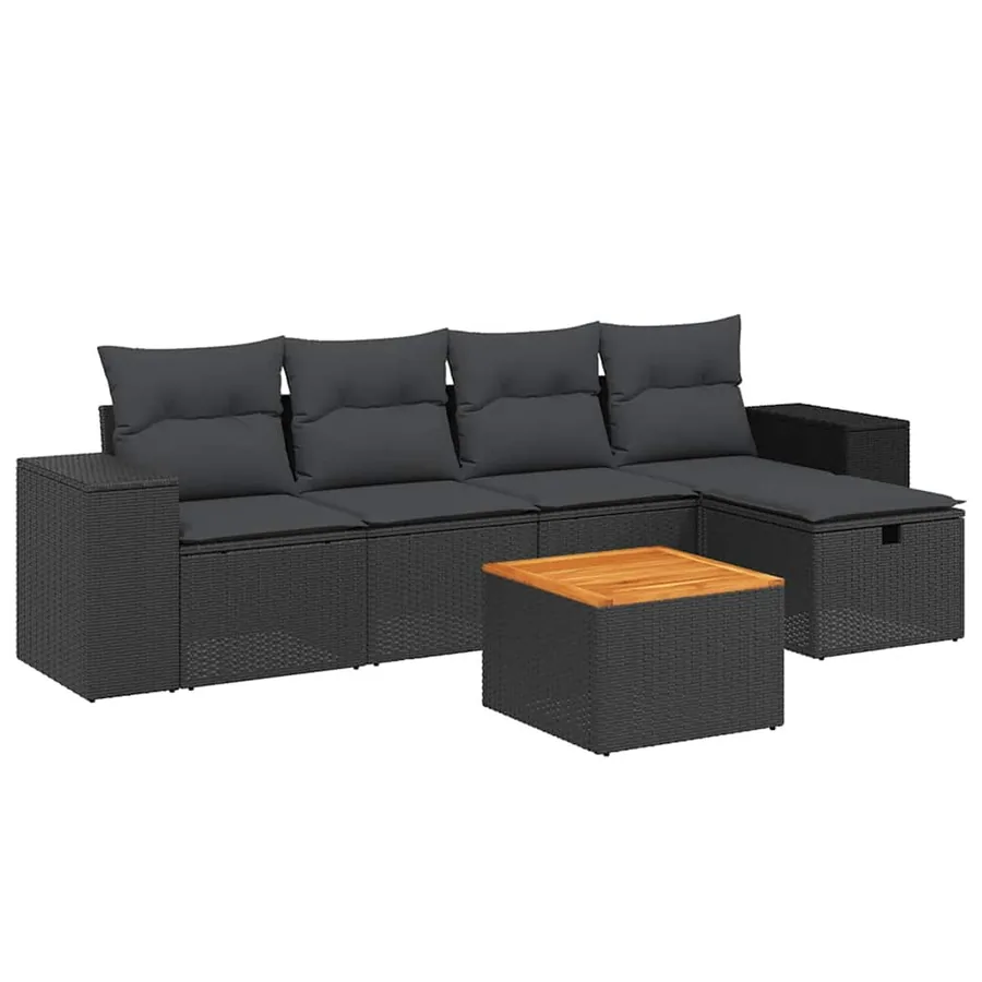 Salon de jardin 6 pcs avec coussins noir résine tressée - 2