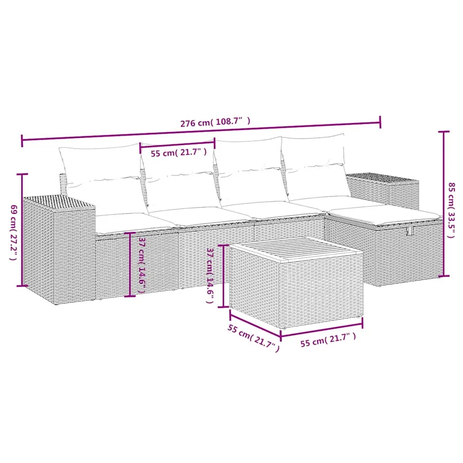 Salon de jardin 6 pcs avec coussins noir résine tressée - 4