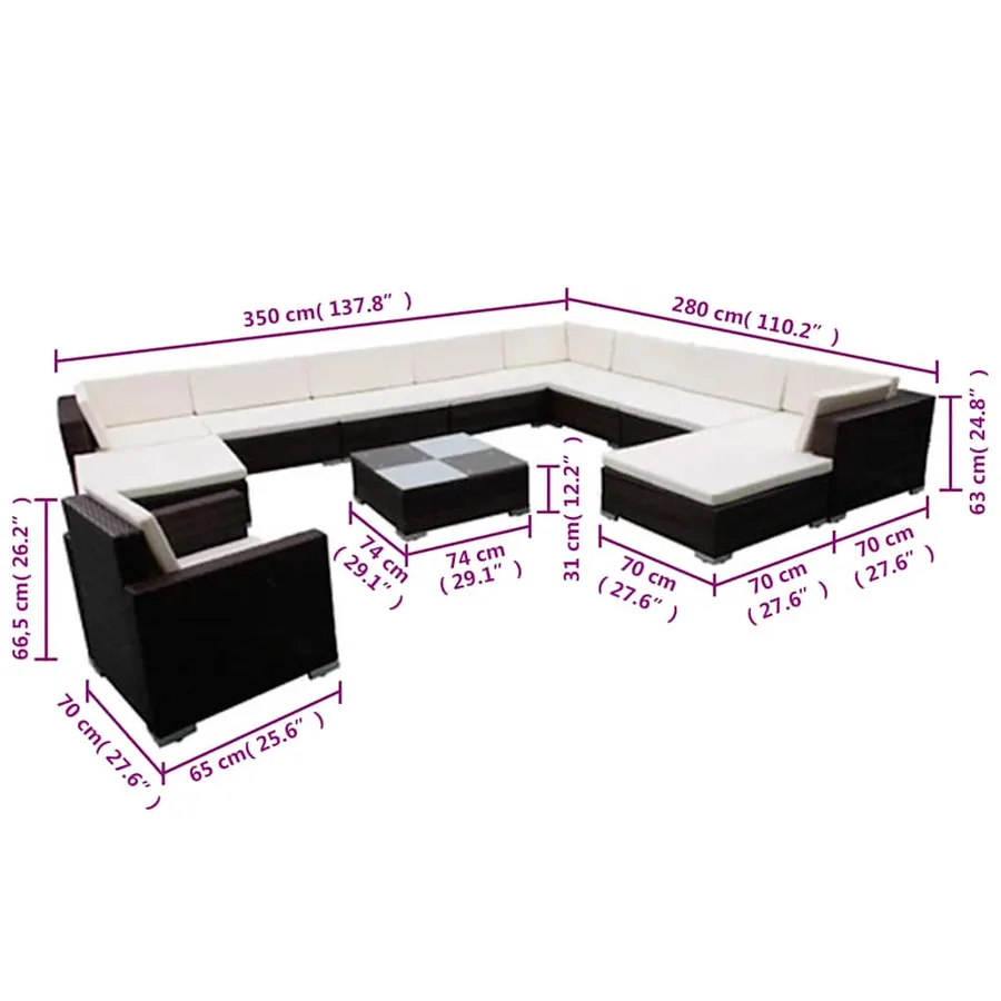 Salon de jardin 12 pcs avec coussins résine tressée noir - 7