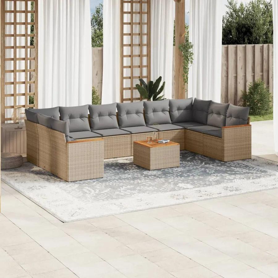 Salon de jardin et coussins 11 pcs mélange beige résine tressée