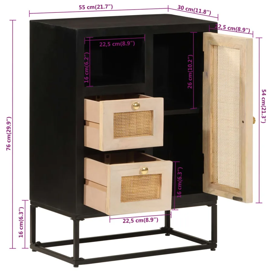 Buffet noir 55x30x76 cm bois massif de manguier et fer - 11