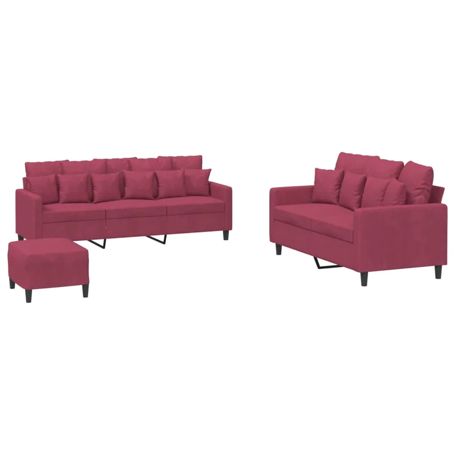Ensemble de canapés 3 pcs avec coussins Rouge bordeaux Velours - 2