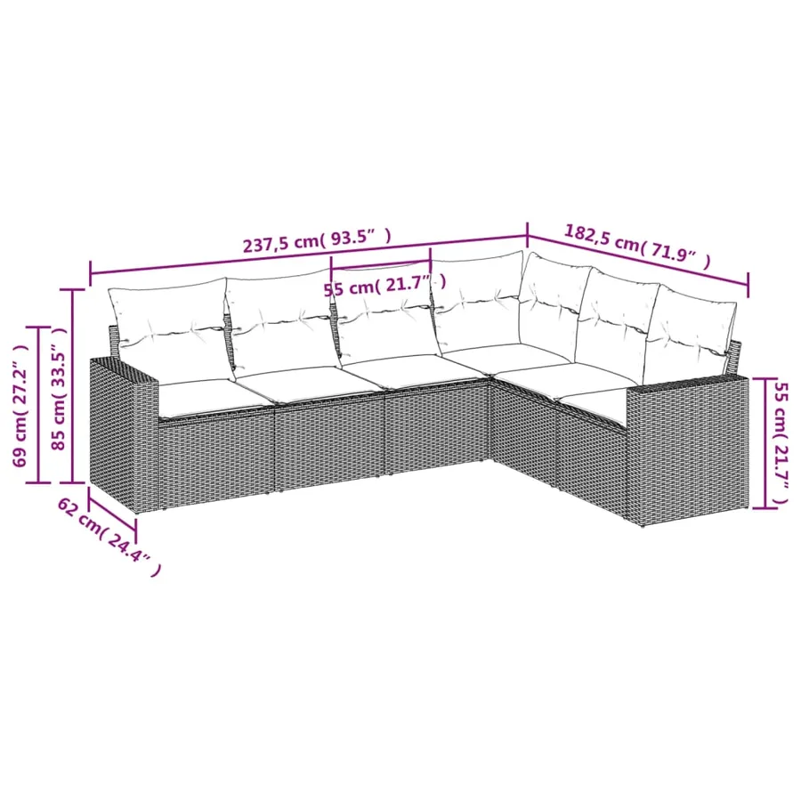 Salon de jardin 6 pcs avec coussins gris résine tressée - 3