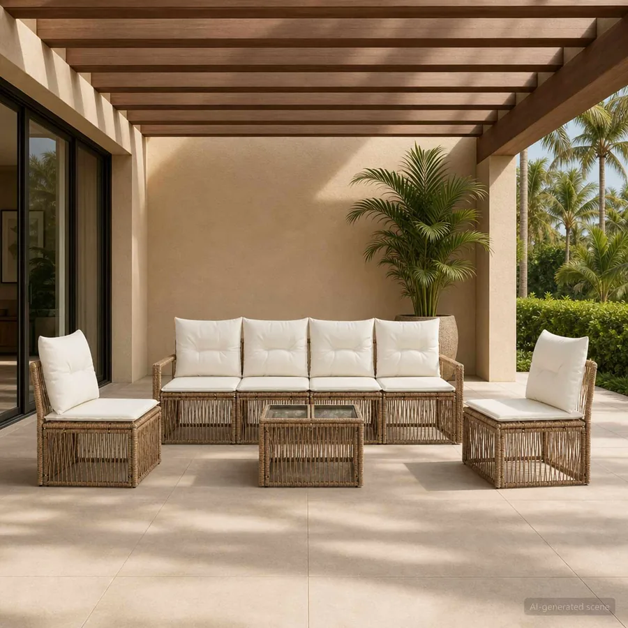 Ensemble de canapé de jardin 7 pcs Beige polyrotin