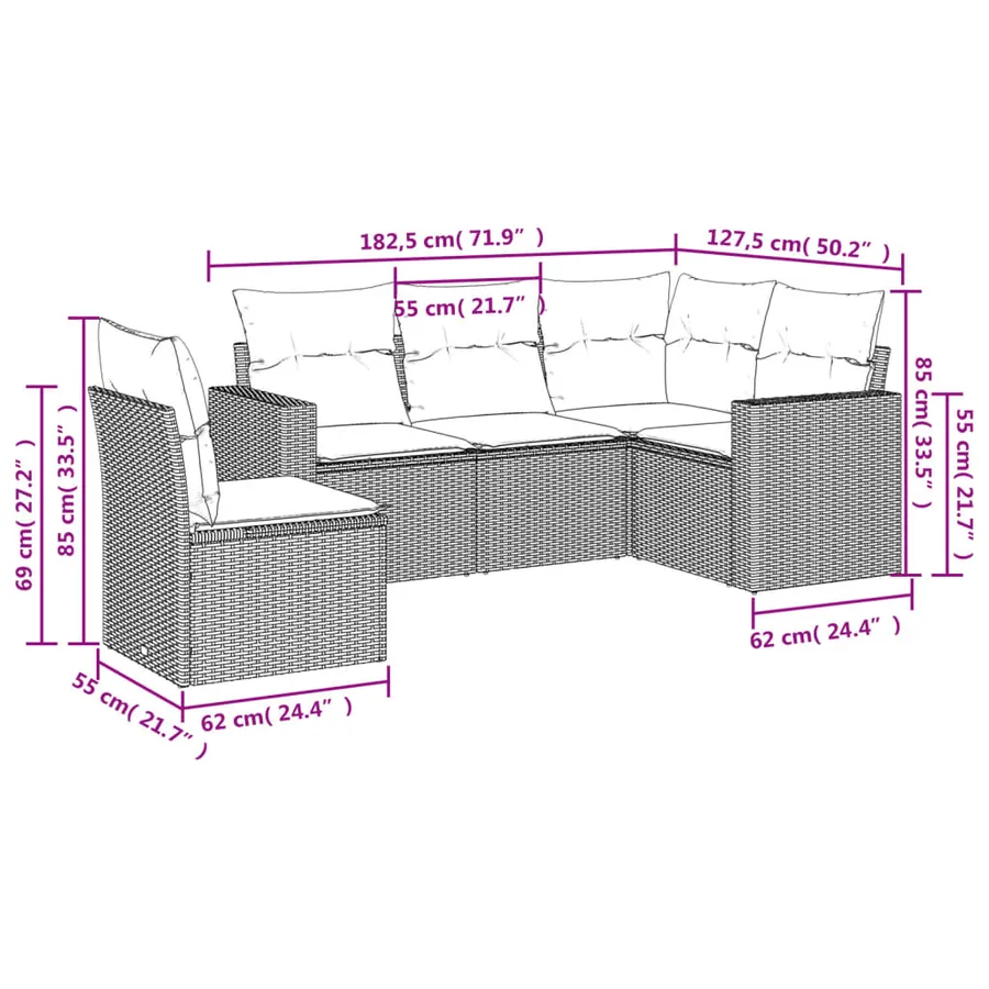 Salon de jardin 5 pcs avec coussins gris résine tressée - 3