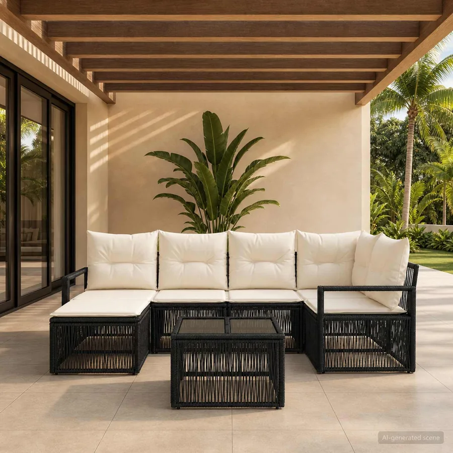 Ensemble de canapé de jardin 7 pcs Noir polyrotin
