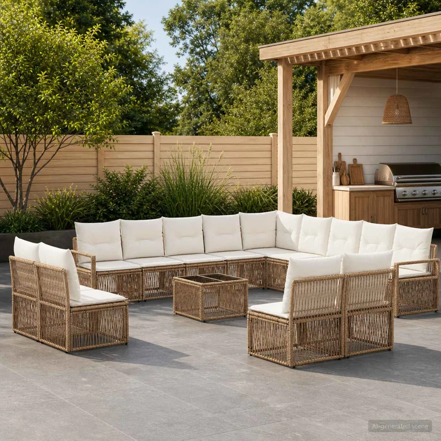 Ensemble de canapé de jardin 14 pcs Beige polyrotin