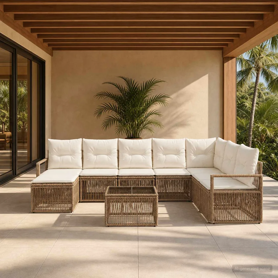 Ensemble de canapé de jardin 9 pcs Beige polyrotin