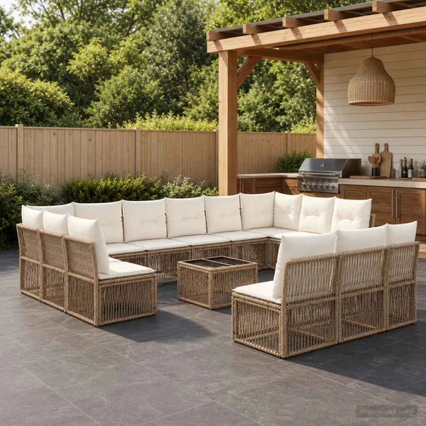 Ensemble de canapé de jardin 14 pcs Beige polyrotin