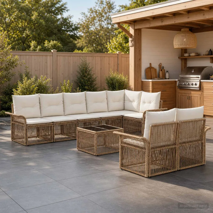 Ensemble de canapé de jardin 9 pcs Beige polyrotin
