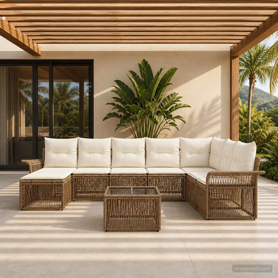 Ensemble de canapé de jardin 9 pcs Beige polyrotin