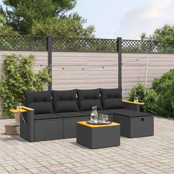 Salon de jardin 6 pcs avec coussins noir résine tressée