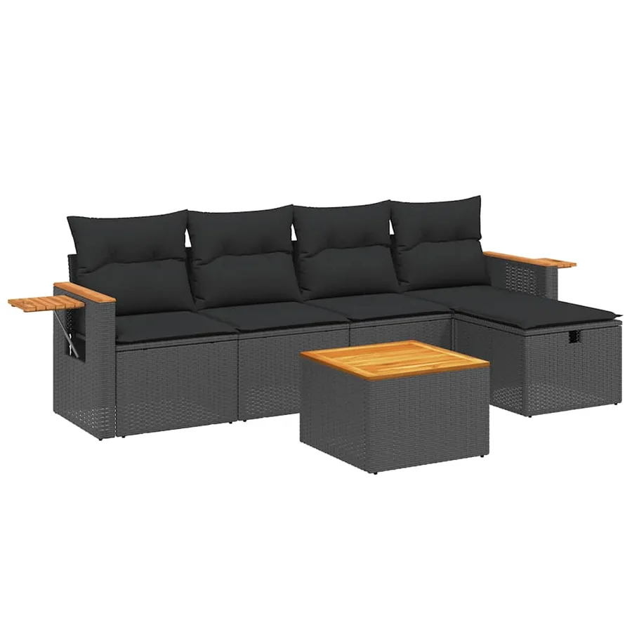 Salon de jardin 6 pcs avec coussins noir résine tressée - 2