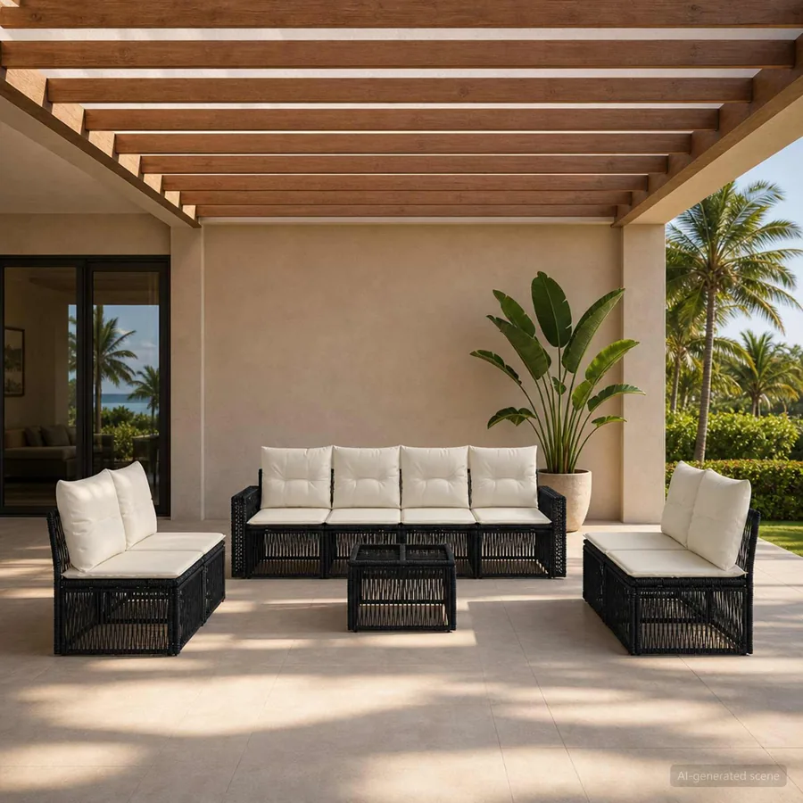 Ensemble de canapé de jardin 9 pcs Noir et blanc crème