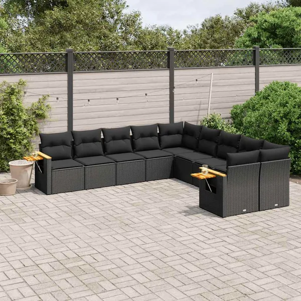 Salon de jardin 10 pcs avec coussins noir résine tressée