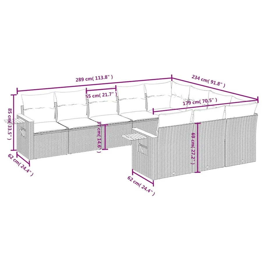 Salon de jardin 10 pcs avec coussins noir résine tressée - 8