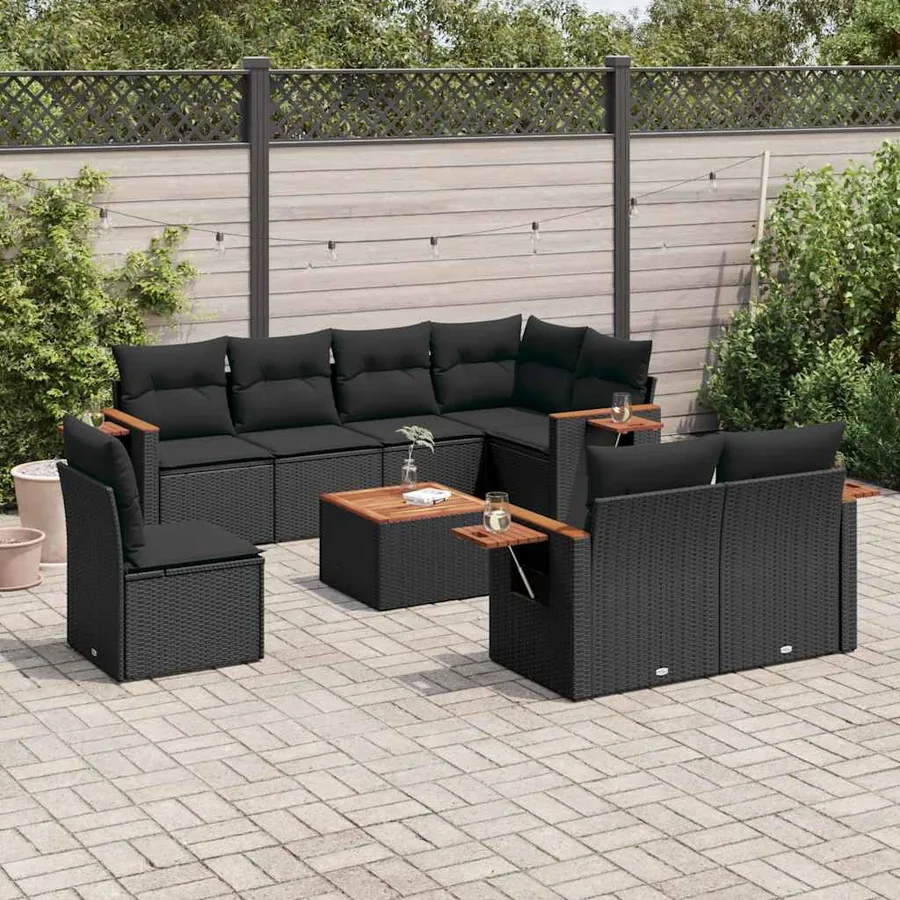 Salon de jardin 9 pcs avec coussins noir résine tressée