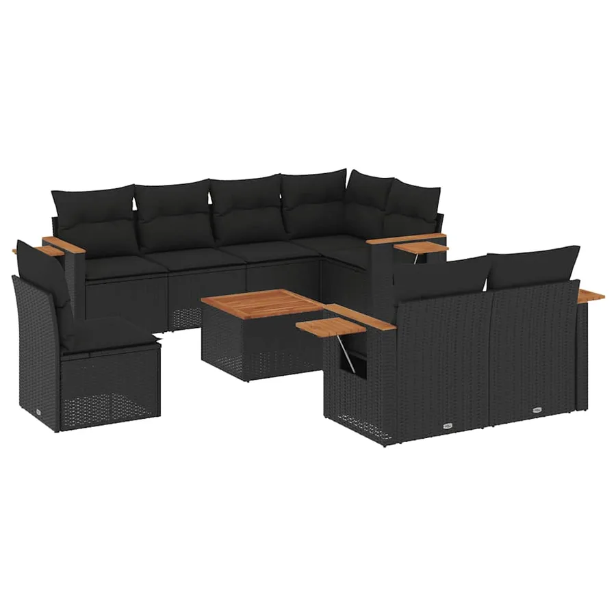 Salon de jardin 9 pcs avec coussins noir résine tressée - 2