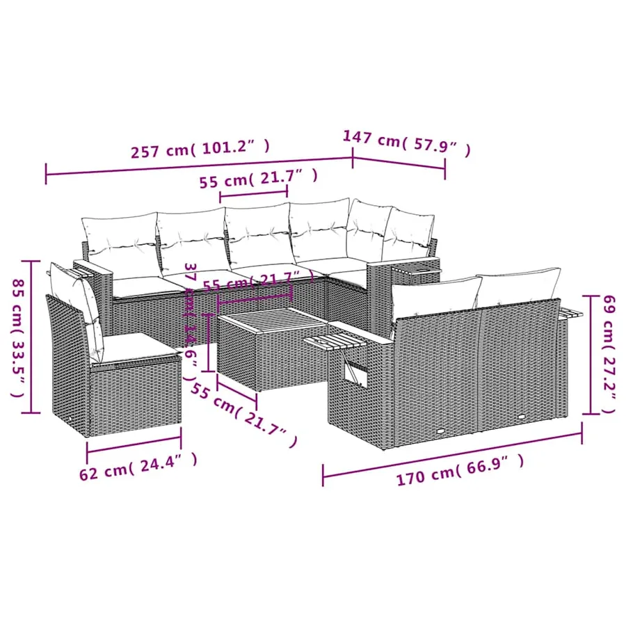 Salon de jardin 9 pcs avec coussins noir résine tressée - 9
