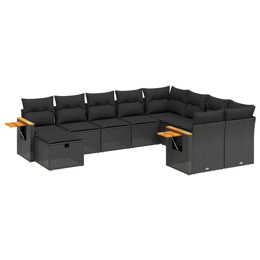 Salon de jardin 10 pcs avec coussins noir résine tressée - 2