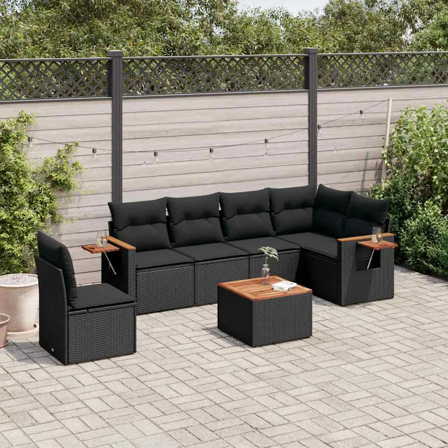 Salon de jardin 7 pcs avec coussins noir résine tressée 62 x 62 x 69 cm - 57,3 kg